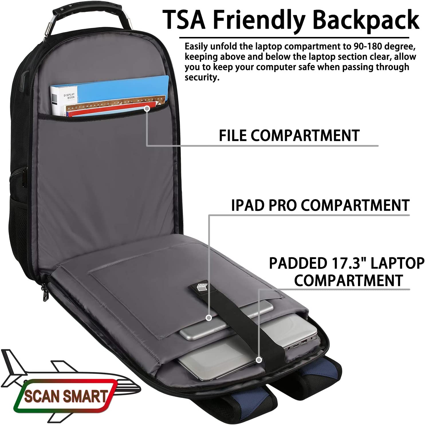 18.4 Laptop Backpack for Men, 55L Extra Large Gaming Laptops Backpack with USB Charger Port, TSA Friendly Flight Approved RFID Anti-theft Pocket, Water Resistant Suiltable for Travel Business Work - Image 3